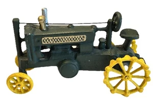 VTG Heavy Cast Iron TRACTOR Green Yellow 10" Vintage Reproduction - Picture 1 of 14