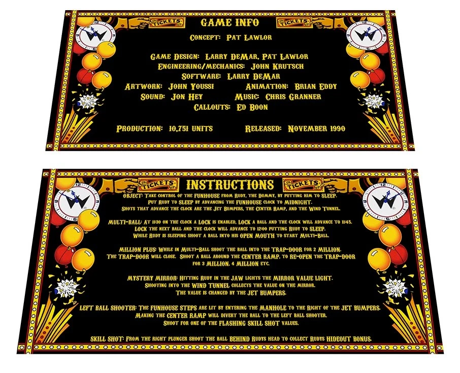 Williams Funhouse Pinball Custom Apron Instruction Cards (black background) - Image 1 of 1