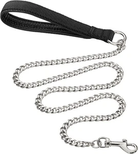 50" Heavy Duty Chrome Chain Dog Pet Leash w/ Black Leather Strap Strong Holding - Picture 1 of 15