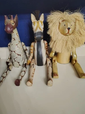 Arte popular de madera vintage articulado león jirafa cebra estante cuidador tallado a mano  Foto 1 de 4