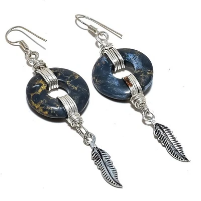 Donut Feather -Copper Black Turquoise Gemstone 925 Silver Earring 3.1" i447 - Image 1 of 4