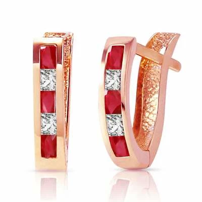 1.26 Carat 14K Solid Rose Gold Ruby White Topaz Hoop Gemstone Earrings - Image 1 of 3