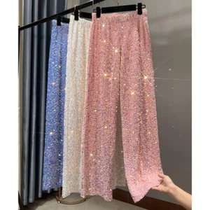 Mujeres Pantalones de Terciopelo de Lentejuelas Vestido Elegante Cintura Elástica Pierna Ancha Pantalones Sueltos - Imagen 1 de 20