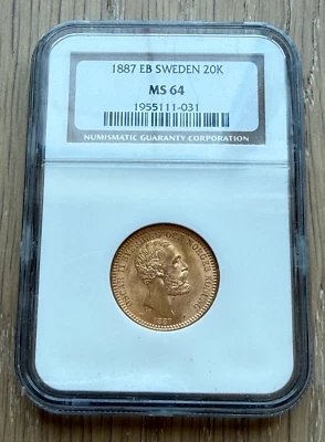 Sweden 1887 EB Gold 20 Kronor NGC MS64 Oscar II - Image 1 of 2