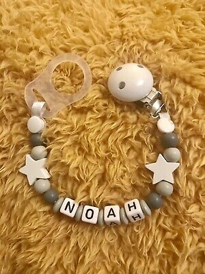 Personalised Baby Dummy Soother Wooden Clip Strap Shower Grey FREE MAM ADAPTER • 5.50£
