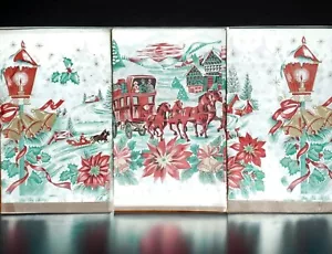 3 VTG Plastic Christmas TableCloths Cover Horse Sleigh Bells Poinsettia Holiday - Picture 1 of 9