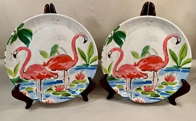 Lot Of 2 Cynthia Rowley FLAMINGO Melamine Salad/ Luncheon 9” Plates: Tropical - Image 1 of 4
