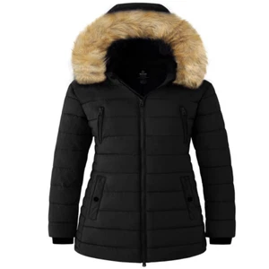 Women'S Puffer Jacket Water Resistant Winter Coat Hooded Puffer Coats Black L - Picture 1 of 12