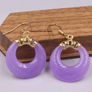 Nuevos pendientes colgantes enchapados en oro para mujer de jade púrpura círculo grande gancho colgante 36 mm H - Imagen 1 de 4