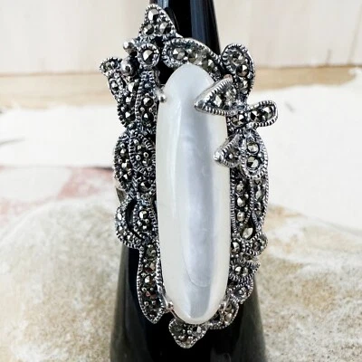 Statement Ring Mother of Pearl Marcasite Cocktail Ring Vintage Style Sz 5 - Image 1 of 4