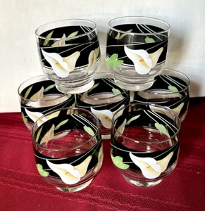 7 (SEVEN) Black Lilies (Quadrille) By Sango 8 oz OLD FASHIONED Glasses EXCELLENT - Picture 1 of 3