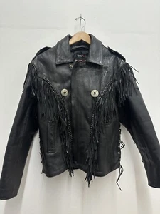 Vintage Leather Club Jacket Black Motorcycle Fringe Moto Riding Sz Men's 48 - Picture 1 of 9