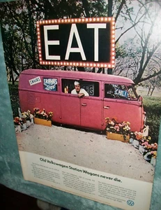 1966 VW Volkswagen BUS large-mag car ad- "Old VW never die"-bus as diner - Picture 1 of 1