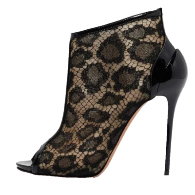 Alexander McQueen Black Mesh and Patent Leather Peep Toe Ankle Booties 39.5 - Image 1 of 4