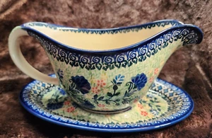 UNIKAT POLISH POTTERY GRAVY BOAT & TRAY HANDMADE SIGNED A DAMIAN 2096 FREE SHIP - Picture 1 of 8