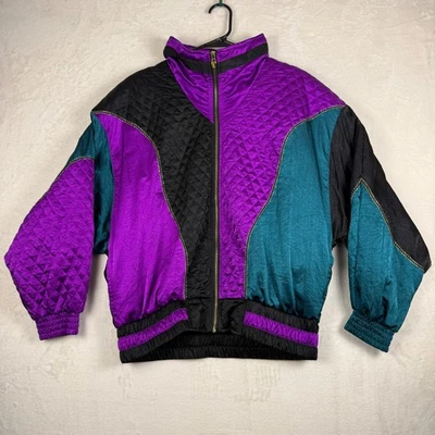 Vintage 80s Windbreaker Jacket Purple Teal Black Size M Retro Colorblock - Image 1 of 4