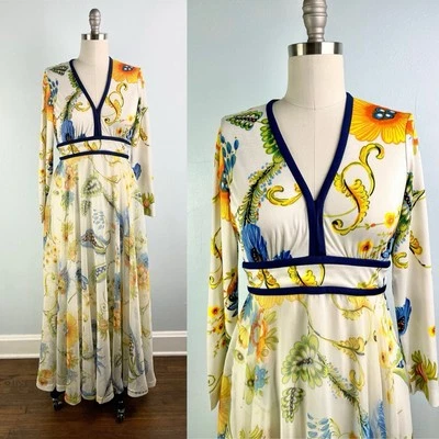 Llamativo Maxi Vestido Floral de Finales de los 60 Años 60 Principios de los 70 Años 70 Vestido de Anfitriona S Pequeño M Foto 1 de 4