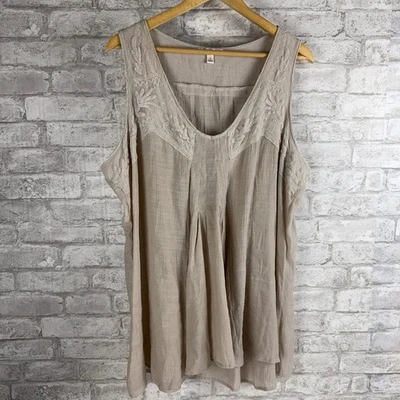 Camiseta sin mangas Spense Popover Boho fluida beige encaje Lagenlook talla 1x Foto 1 de 4