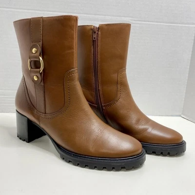 Botín de cuero tostado Rockport Lagos para mujer 8,5 tacón de bloque acento dorado boho chic Foto 1 de 4