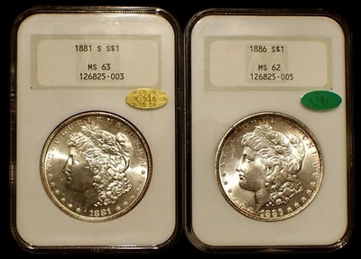 1881-S Morgan Dollar NGC MS63 GOLD CAC, 1886 Morgan $1 NGC MS62 CAC, Gen 3 Pair! - Image 1 of 4