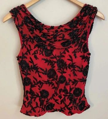 Sean Collection Evening Corset Peplum 90’s Top Black  Beaded Red Silk Womens S - Image 1 of 4