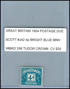 GREAT BRITAIN 1954 POSTAGE DUE SCOTT J42 4p BRIGHT BLUE MNH WMKD 298 CV $30 - Picture 1 of 2