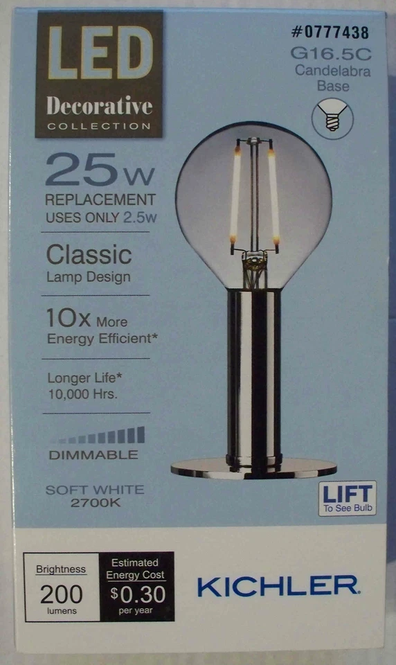 Kichler LED 25W/2.5W G16.5C Candelabra Filament-Soft White-Dimmable-513883-Sav2+ - Image 1 of 1