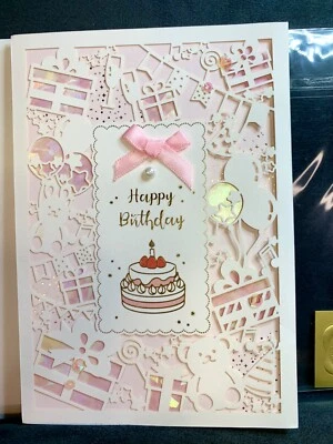 Happy Birthday Card Pink Laser Cut Presents Bow Sequin - Image 1 of 4