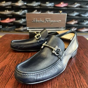 $980 Mens Blue Leather Ferragamo Loafers Shoes Driving Sz 11 D US Made In ITALY - Picture 1 of 12