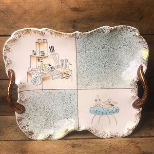 Grill and Kitchen Table Illustration Gold Edged Serving Tray - Picture 1 of 5