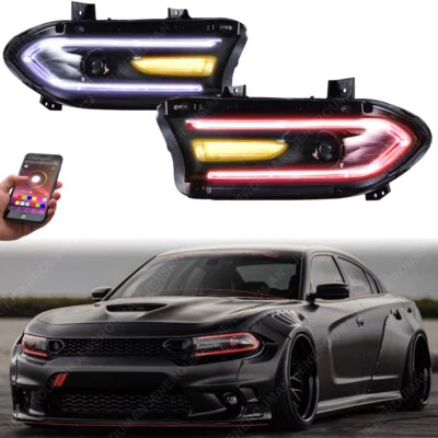 RGB Colorful LED Halogen Lamps Dual Headlights for 2015-2023 Dodge Charger DRL - Image 1 of 4