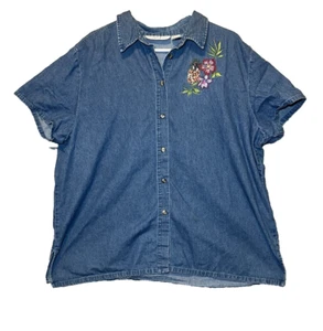 Victoria Jones Denim Button Up Shirt Womens Size 2X Blue Pineapple Floral Vintag - Bild 1 von 10