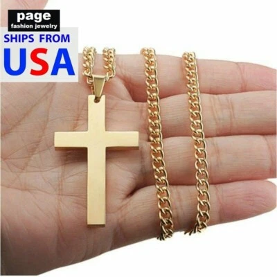 Colgante Cruz Oro Acero Inoxidable 2" X 1", Resistente 24" Cadena Collar Joyería  Foto 1 de 4