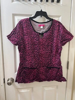 Scrub Top Women's Black and pink leopard print Bow Betsey Johnson XL - Image 1 of 4