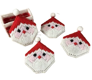Plastic Canvas Santa Claus Coasters 4 completed Red And White w/ Chimney holder - Picture 1 of 7