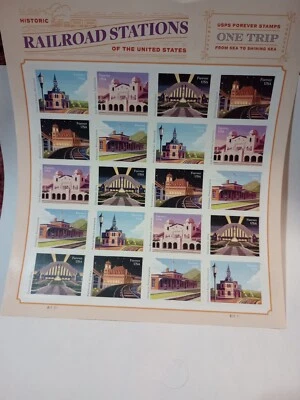 MINT NH SELF ADHESIVE RAILROAD STATIONS FOREVER STAMP SHEET FV 15.60 - Image 1 of 3