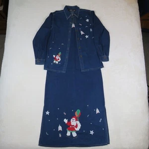 Embroidered Denim Christmas Jumper Dress & Matching Denim Button Up Shirt Size-S - Picture 1 of 11
