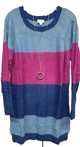NWT Lularoe Small Navy, Light Blue & Fuchsia Wide Striped Lauren Sweater Dress - Picture 1 of 8