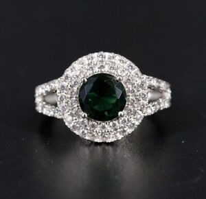 925 Sterling Silver Oval Cut Green Emerald & CZ Double Halo Engagement Ring SZ 8