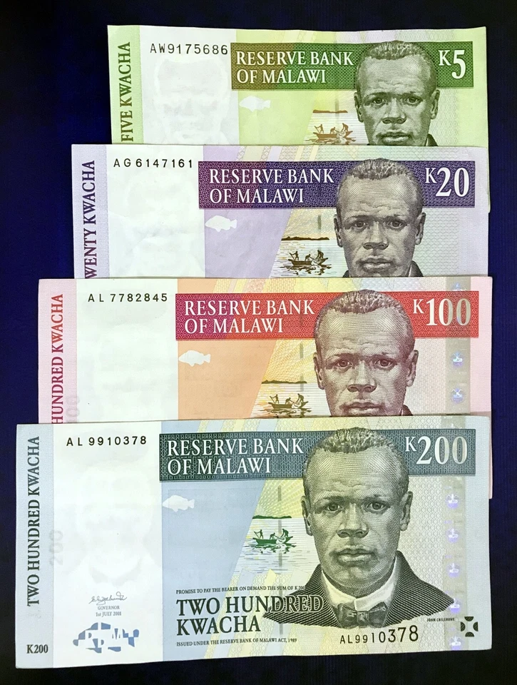2001~2004 MALAWI - 5, 20, 100, 200 KWACHAS (SET OF 4 NOTES) - XF - EZSU6 - Image 1 of 2