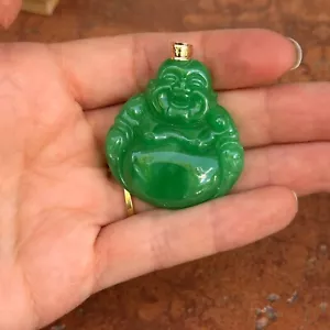 Nachlass 14KT Gelbgold geschnitzte echte grüne Jade chinesischer Buddha Gold Anhänger - Bild 1 von 7