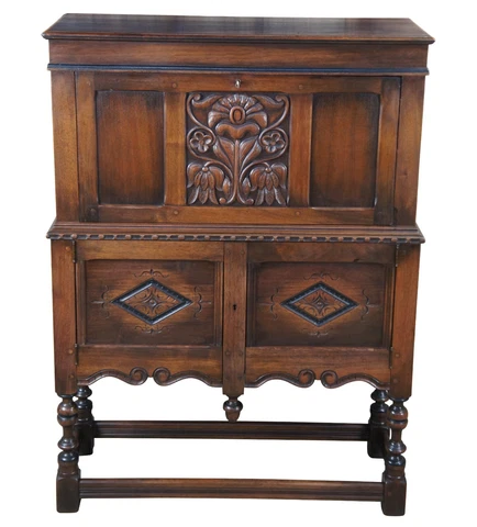 Antique Kittinger Jacobean Spanish Revival American Walnut Carved Secretary Desk Cover