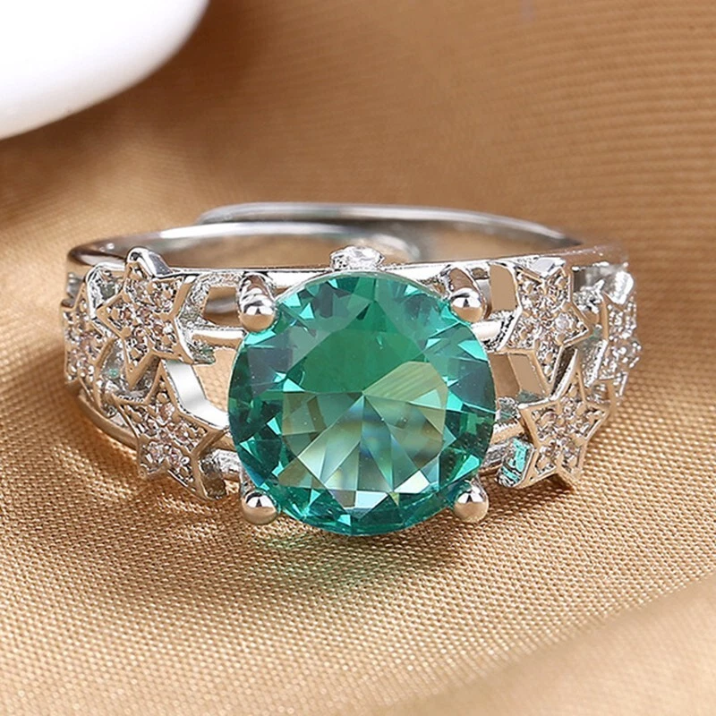 Adjustable Green Moissanite & Topaz Ring For Women - 10mm Round Stone, Flower Design, Size Fits All