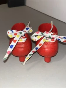 VINTAGE DOLL RED ROLLER SKATES SHOES Heart LACES Hong Kong 3.25" - Picture 1 of 4