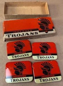 1940s VINTAGE TROJANS CONDOM TIN w/ BOX INSTRUCTIONS / ADVERTISING Youngs Rubber - Picture 1 of 14