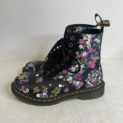 Винтажный Dr Martens 1460 Паскаль цветочный ботинки кожи женщин размер 7 черный Doc - Изображение 1 из 4