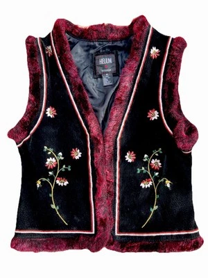Y2K Helium S Genuine Leather Black Maroon Faux Fur Embroidered Floral Boho Vest - Image 1 of 2