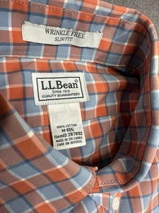 Camisa de frijoles usada en excelente estado LL para hombre talla M a cuadros con botones calce ajustado sin arrugas naranja azul - Imagen 1 de 6