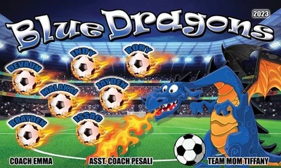 Blue DRAGONS - Banner de equipo de fútbol - (3 pies x 5 pies) Nombre de tu equipo y diseño personalizado Foto 1 de 3