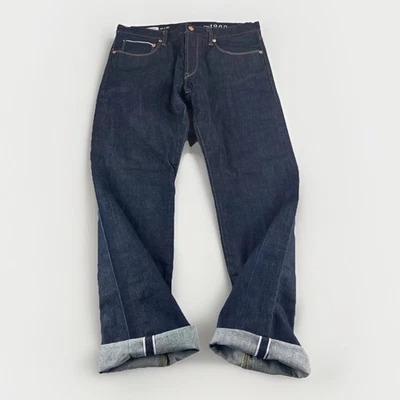 Pantalones de mezclilla azul con ribete hueco para hombre 32x30 pierna recta hilados en anillos botón mosca Foto 1 de 4